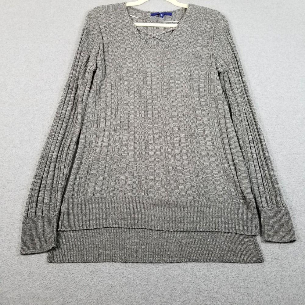Apt. 9 Sweater Women Medium Gray V-Neck Crisscross Ribbed Knit Long Sleeve Tunic